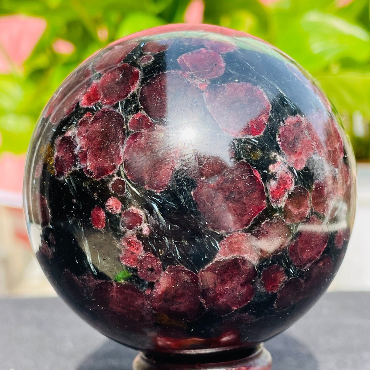 472g Natural Black Red Garnet Astrophyllite Quartz Crystal Sphere