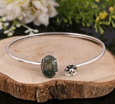 Natural Moss Agate Gemstone Cuff Bangle With 925 Sterling Silver Tiny Flower