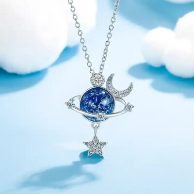 Halskette - Silber & Blau Farbe Himmlischer Opal / Mond / Planet / Sterne / Diamanten