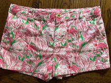 Lilly Pulitzer Walsh Shorts EUC Girl Prep Green Pink Colony Flamingo Print Sz 14