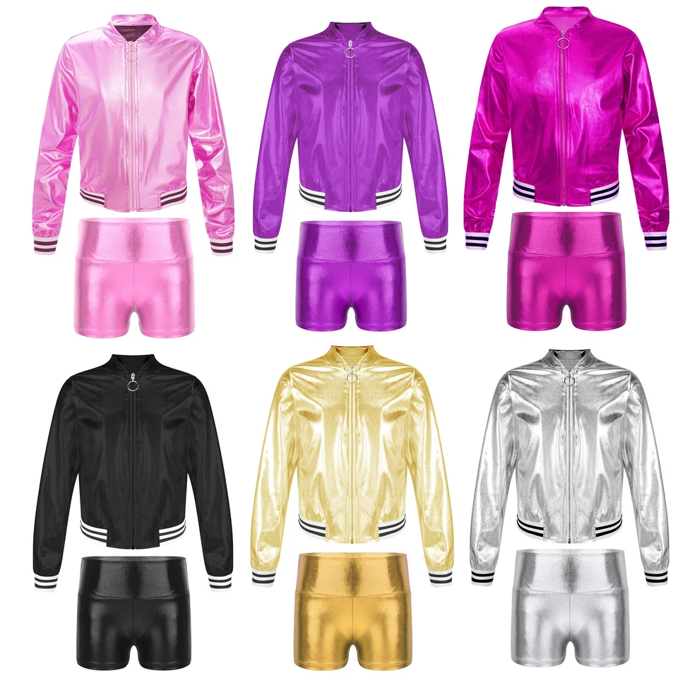 Kids Girls Tracksuit 2pcs Activewear Exercise Training Sweatsuit Shiny Metallic - Image 3 of 3