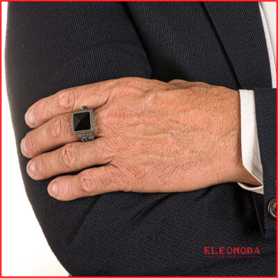 Anello Uomo In Argento Sterling 925 Con Onice Nero - Anello Da Mignolo Chevalier