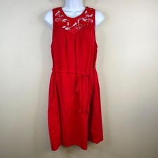 Vintage Boho Western Midi Dress Womens Large Bright Red Belted Crochet Lace Neck