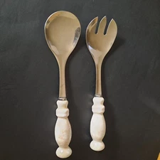 Vintage Salad Fork and Spoon Server Set / Ceramic Handles