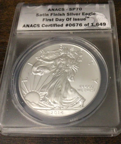 2014-W American Silver Eagle Coin First Day of Issue Satin Finish SP70 ANACS