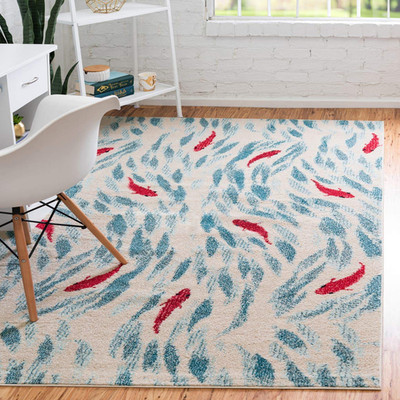 Unique Loom Positano Collection Coastal Modern Bright Colors Fish Beige Area