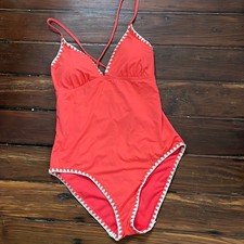 Lucky Brand triangle top embroidered edge lace up back one piece swim suit sz L