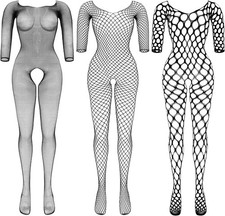 3 Packs Women Fishnet Bodysuits Mesh BodyStocking Fishnet Lingerie Long Sleeve B