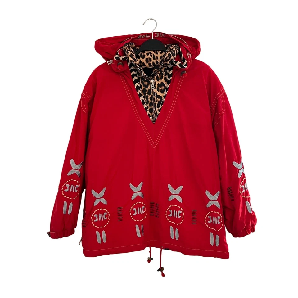 Chaqueta Anorak Con Capucha Estampado Leopardo Rojo Bogner De Colección Hecha en EE. UU. Grande Foto 2 de 4