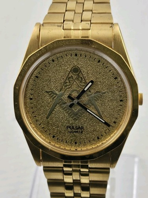 #ad Masonic Seiko Pulsar Quartz Mens Gold Plated 3Y03 0160 New Battery Runs $100.00