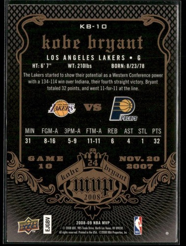 2008-09 Upper Deck MVP #KB-10 Kobe Bryant Kobe Bryant MVP - Bild 2 von 2