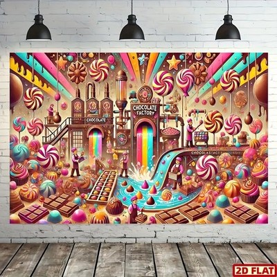2D Flat - 1pc Whimsical Chocolate Factory Backdrop | Vibrant Polyester Party D