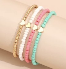 Women Heart Bracelet 4pc Set Elastic Beaded Stackable Jewelry