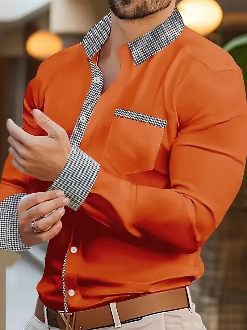 Classic Plaid Long Sleeve Shirt Soft Cotton Linen Blend Lapel Collar Orang Shirt