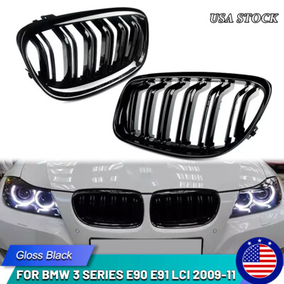 Front Kidney Dual Slats Grille Gloss Black For 2009-11 BMW E90 E91 LCI 325i 328i