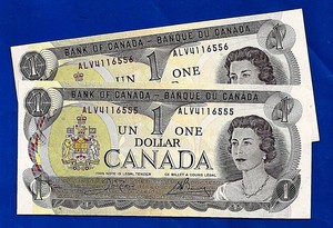 Details About Two 1973 Canada Canadian One 1 Dollar Bill Prefix Alv Notes Crisp Unc