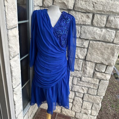 Vtg Zeeba Blue Faux Wrap Dress Size Medium VGC Filigree Ptra Dupe | eBay