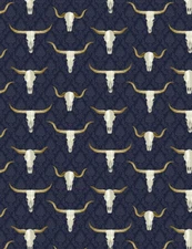 2.5 Yards Cotton Fabric - Dear Stella Wild West Cowboy Longhorns on Navy