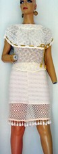 Unique VTG white cotton crochet mesh top / skirt set w/ gold trim, size M/L