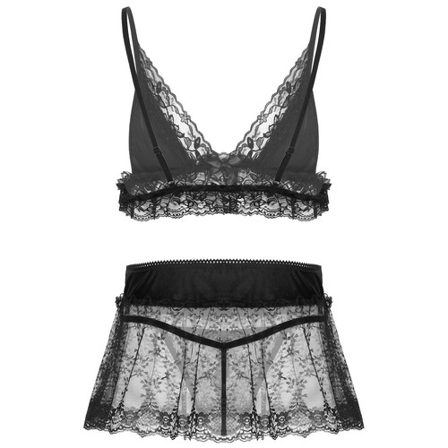 Männer Sissy Spitze Lingerie Set BH mit Mini Rock und String Slip Reizwäsche - Bild 2 von 72