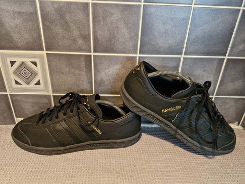Herren Adidas Hamburg Triple Schwarz Leder Turnschuhe Größe UK 8 Schuhe Sneaker