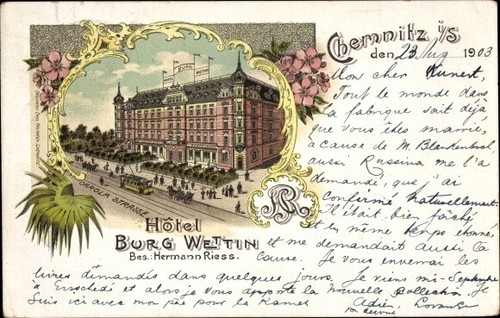 Litho Chemnitz Saxony, Hotel Burg Wettin, bes. Hermann Riess,... - 10834401