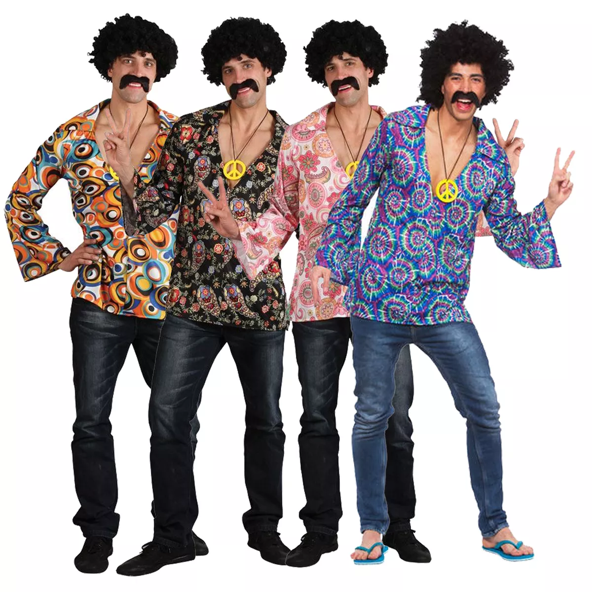 Mens Hippie Shirts Fancy Dress Costume Outfit 60s 70s Hippy Groovy Disco Peace