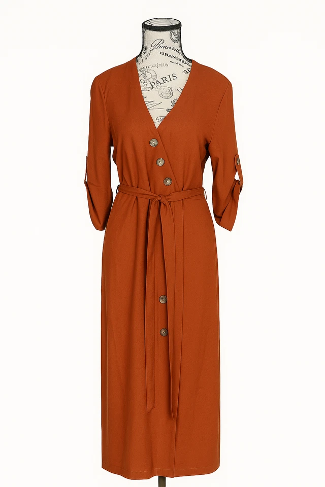 Maxi Vestido BB Dakota Rust Cinturón Delgado Talla 6 Manga con Pestaña Enrollable Frontal Abertura Estilo Otoño Foto 2 de 4