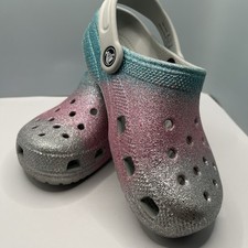 Crocs Glitter Clog Junior Size 1 Kids Pink Blue Silver Shimmer Shoes