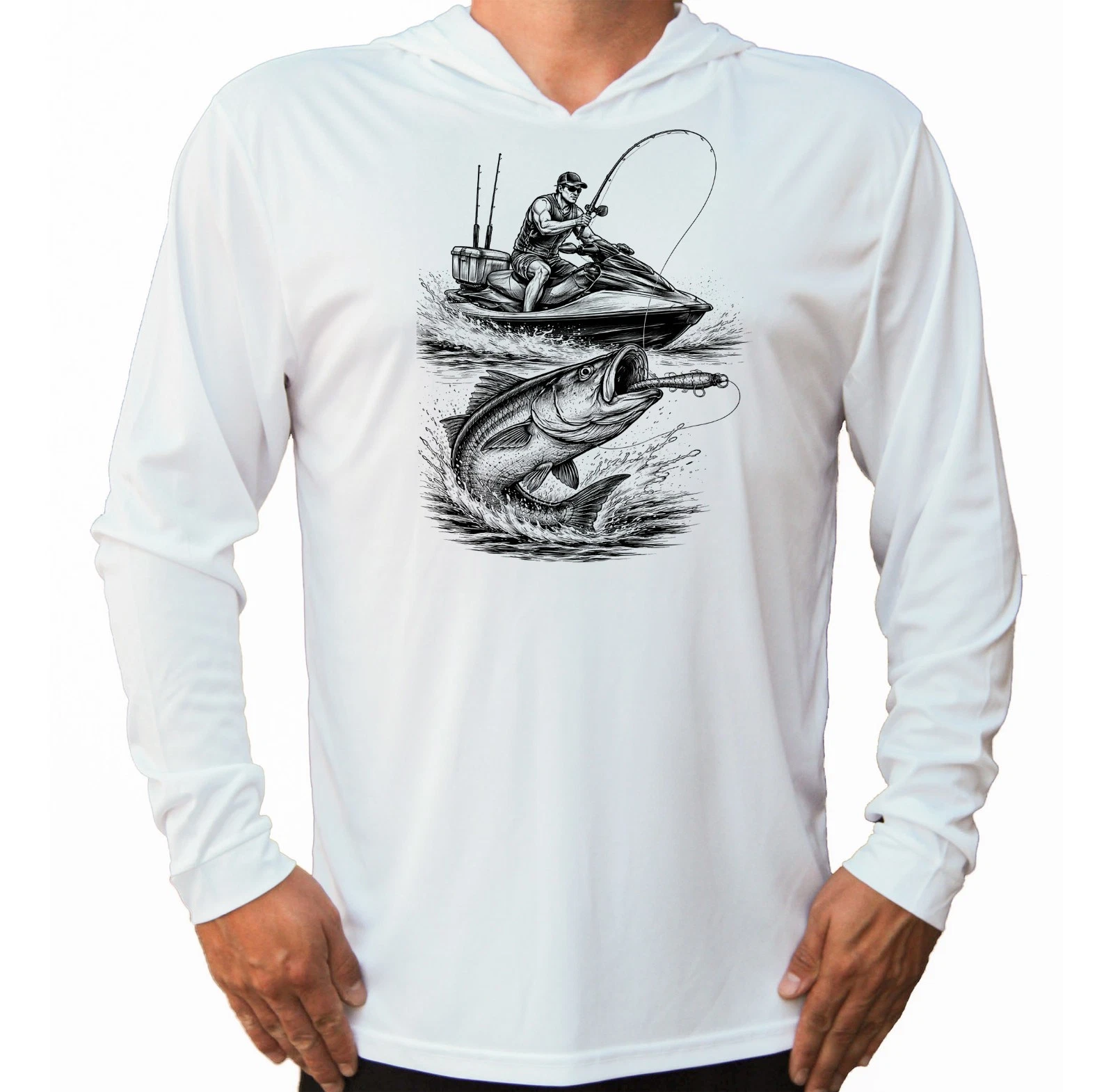 Jetski Saltwater Fishing Sun T-Shirt UV Protected UPF 50 Long Sleeve Hood Beach