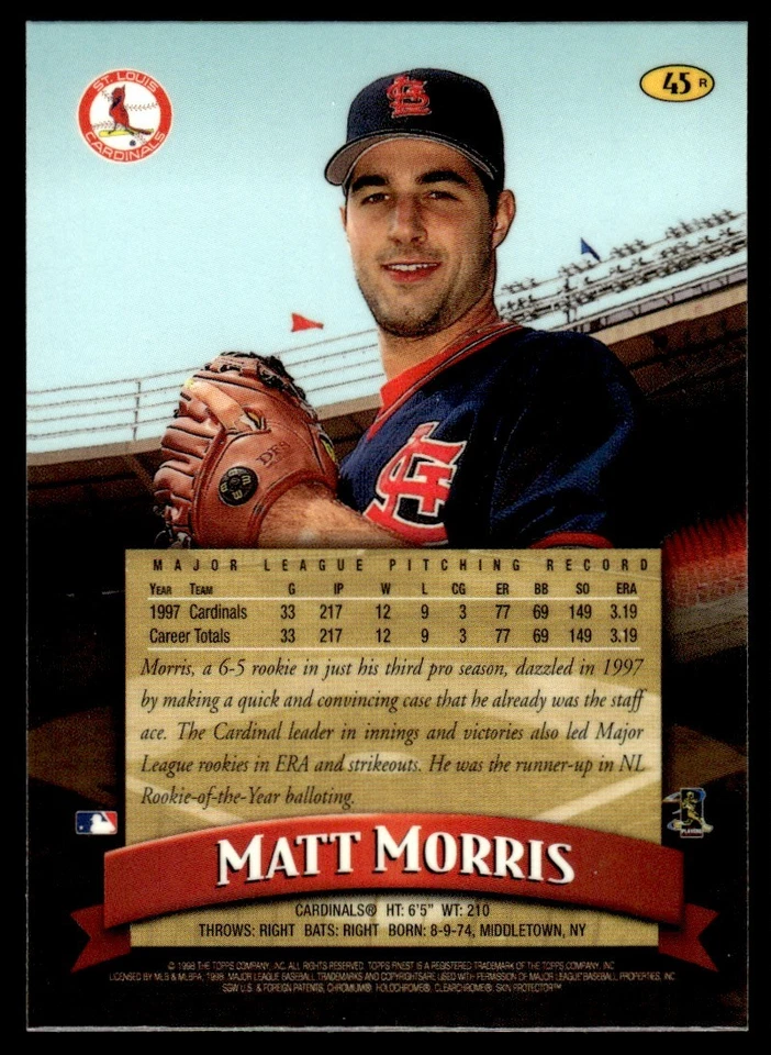 1998 TOPPS FINEST REFRACTOR Matt Morris St. Louis Cardinals #45 - Image 2 of 2