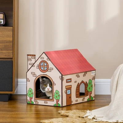 PAWHUT Katzenkratzhaus mit Kratzer, Katzenminze, rotes Dach für Katzen im Innenbereich, beige