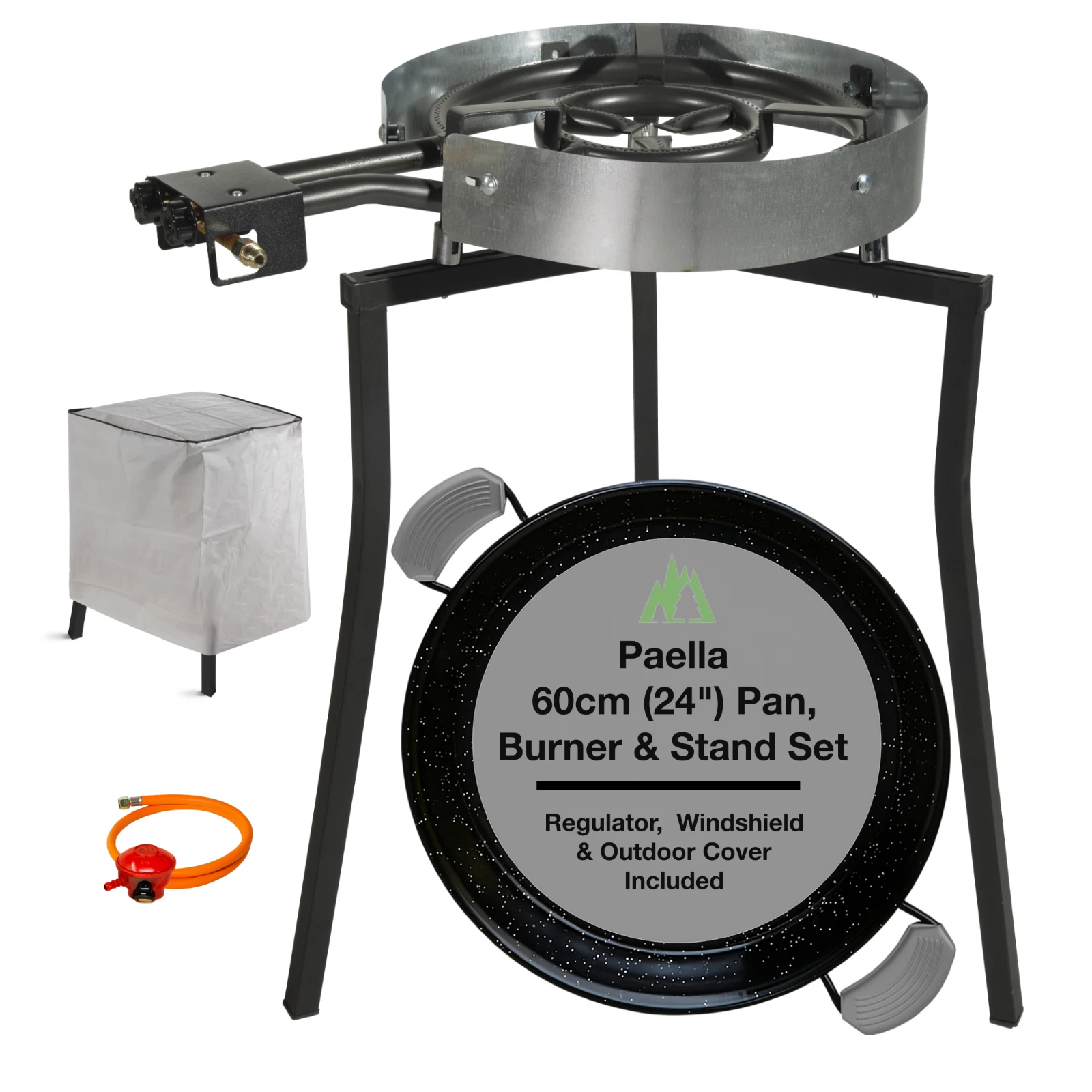 Paella Pan Set. 20 Servings (60cm, 24") Gas Burner & Tripod Stand Full Kit.