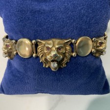 Antique Victorian Lion Head Rhinestone unmarked Gold Filled Link Bracelet 