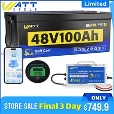 WattCycle Smart 48V 100Ah LiFePO4 Lithium Golf Cart Battery+48V Charger Solar RV