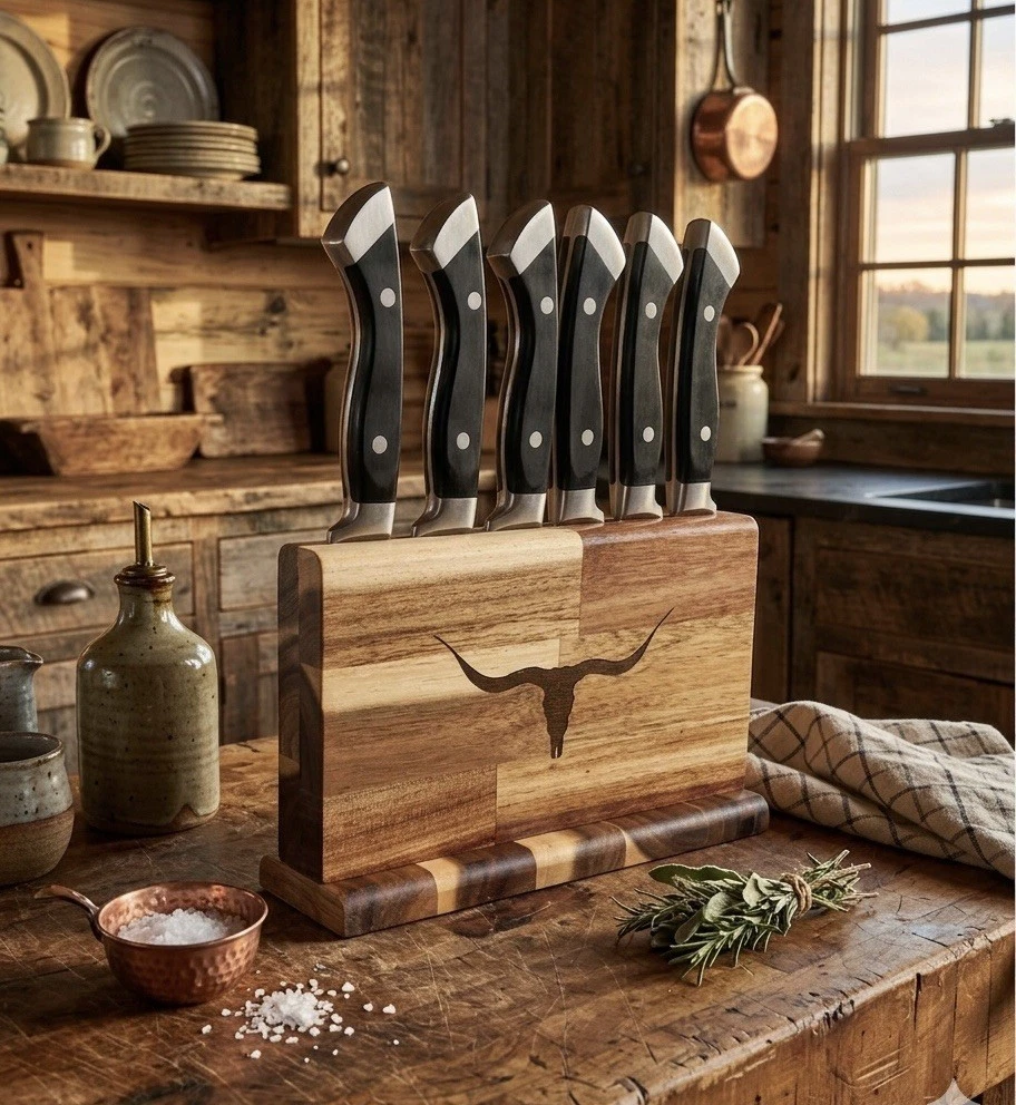 6 LONGHORN STEAKHOUSE Steak Knives - W/ Longhorn Logo Acacia Wooden Knife Block
Opens in a new windo