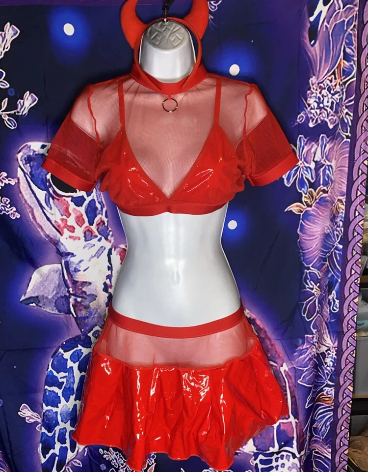 Nuevo Conjunto de Falda Grande Diablo Halloween Disfraz Malla Vegano Cuero Látex Rojo Accesorios Foto 2 de 4