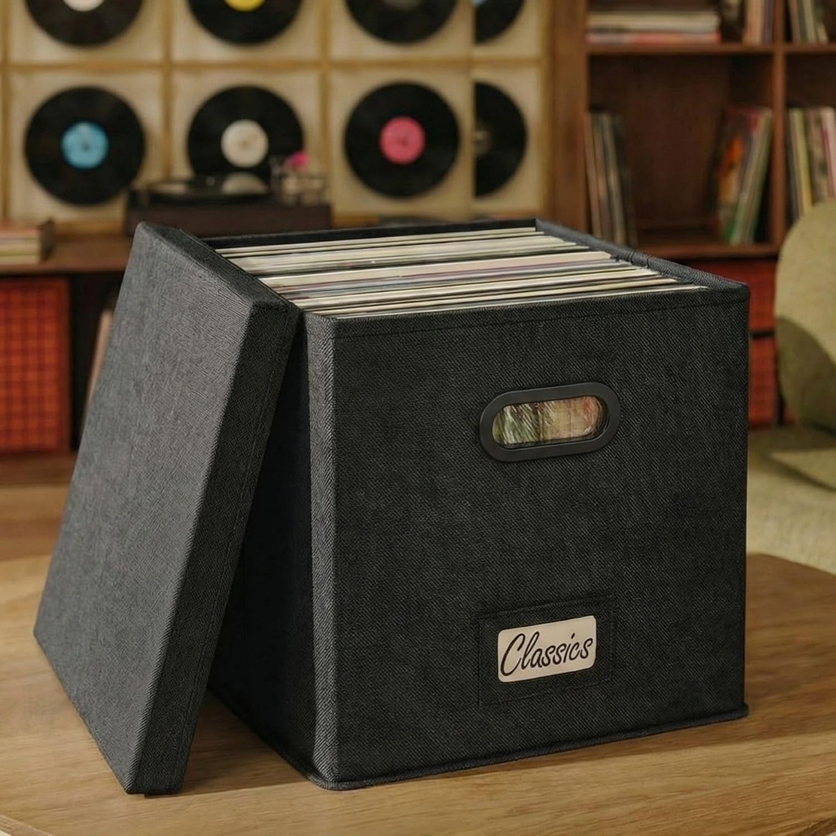 Decorative Vinyl Record Storage Box for 50+ Single Records