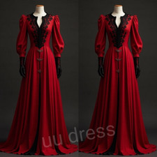 Gothic Wedding Dresses Long Sleeves Victorian Satin A Line Red Bridal Gowns