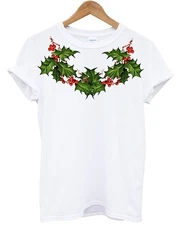 Holly Neck T Shirt Christmas Festive Present Gift Party Mistletoe Snowman Print 