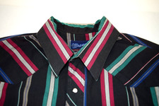 Vintage Wrangler Pearl Snap Western Shirt Size L/XL SS 80s 90s Black Teal Stripe