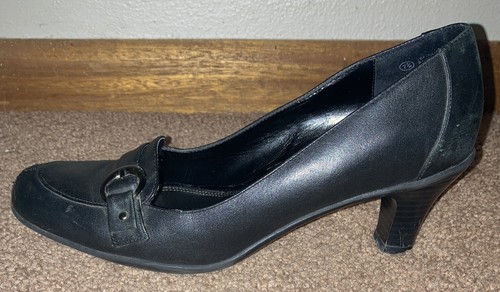 Vtg 1990s Merona Black Leather Loafers Mid Heels 7.5 Buckle Round Toe DAMAGED - Picture 6 of 8