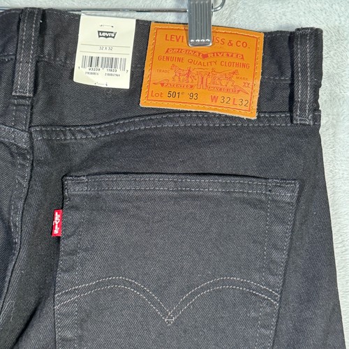 Levis Jeans Mens 32x32 Black Denim 501 Button Fly 93 Straight Stretch Premium - Picture 7 of 12