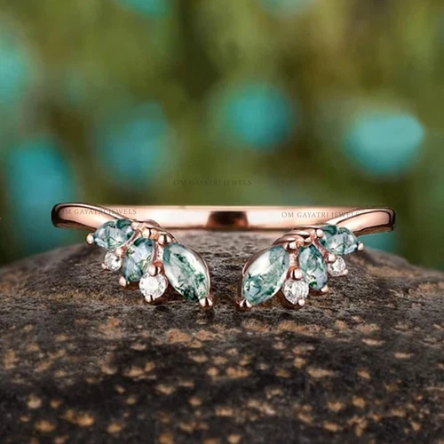 Unique Marquise Moss Agate Ring Enhancer Rose Gold Moss Agate Wedding Ring