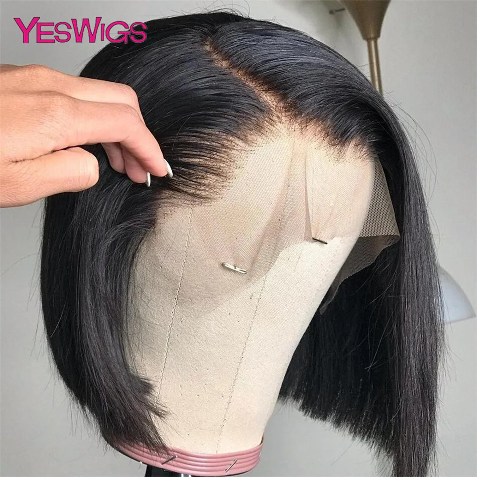 Pelucas de cabello humano Highlight marrones rectas cortas de encaje frontal 4x4 pelucas de cierre