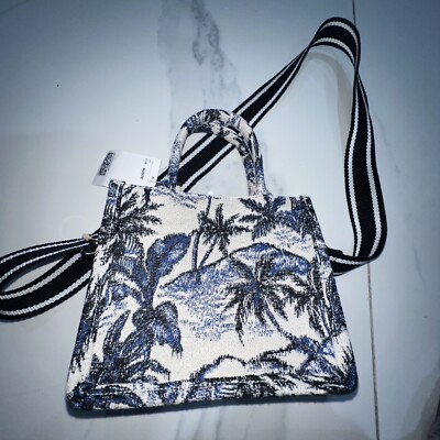 H&M Jacquard Weave Small Navy Beige Palm Tote Handbag Limited Ed UK