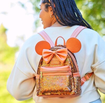 Loungefly Disney Parks Peach Punch Minnie Mouse Orange Sequin Backpack New New Dazzling Peach Punch Sequin Loungefly Mini Backpack at  main image 4