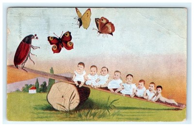 1908 Multiple Babies See Saw Butterfly & Roach  Postcard Kansas City MO Cancel