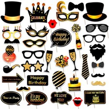 Black and Gold Photo Booth Props 35 Count for Kids Adults Birthday Party - ...