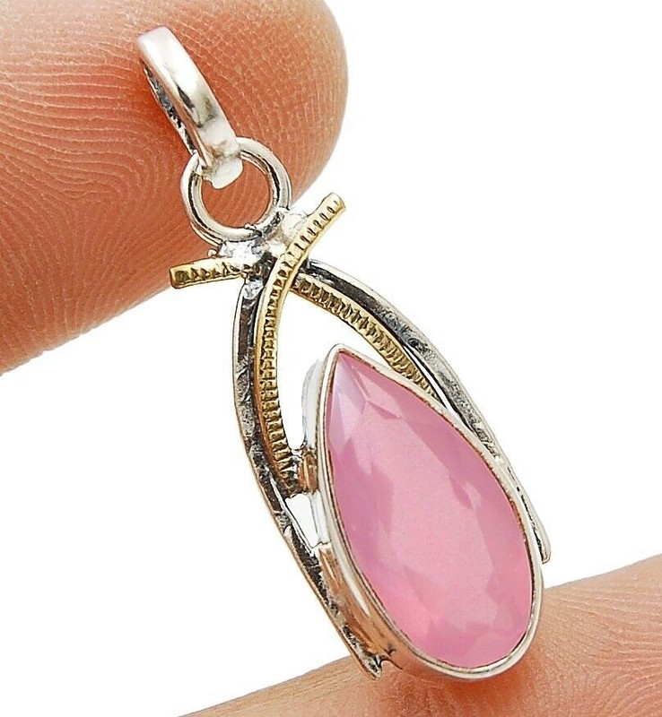 Two Tone Natural Faceted Rose Quartz 925 Sterling Silver Pendant @15-8